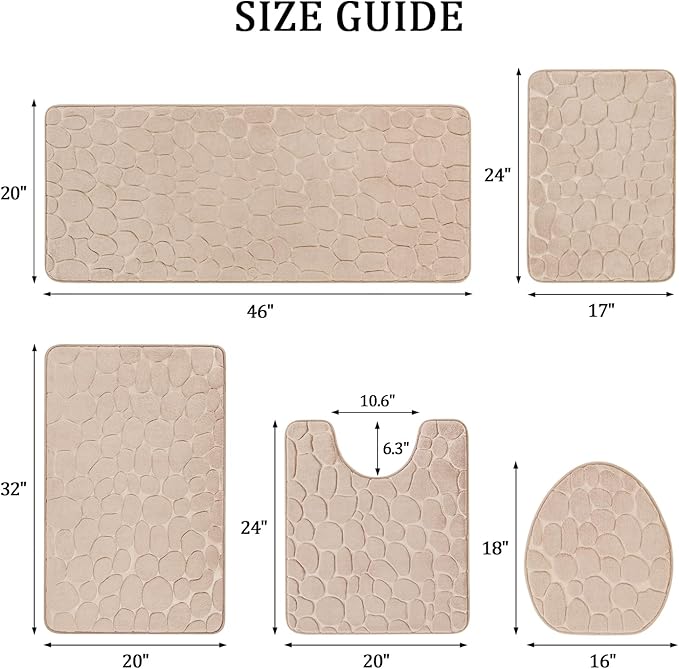 YIHOUSE Bathroom Rugs Mat Set 5 Piece Khaki, Memory Foam Bath Mats Sets, Non Slip Water Absorbent Washable Bath Rugs for Sink, Toilet and Floor
