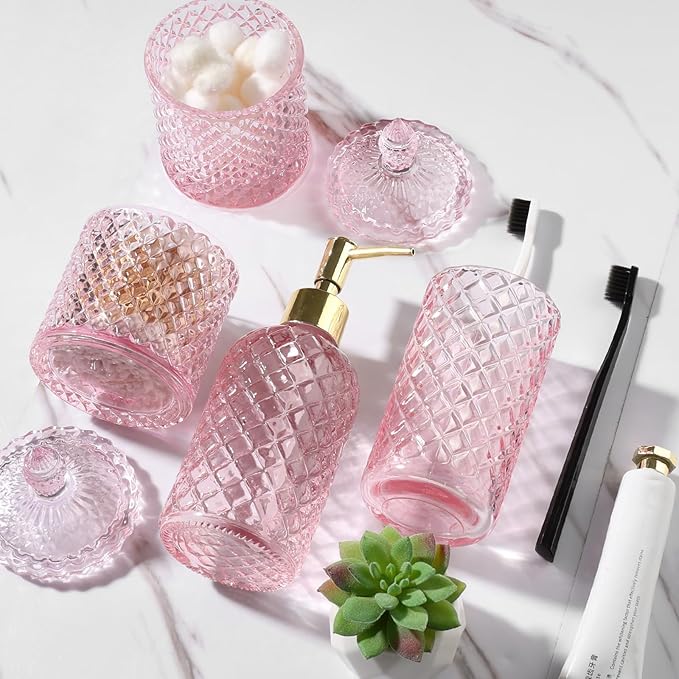 Pink Bathroom Accessories Set, 4 Pack Pink Bathroom Decor Accessory Sets Complete, Diamond Glass Soap Dispenser and Toothbrush Holder Set for Bath Counter Organizer Essentials