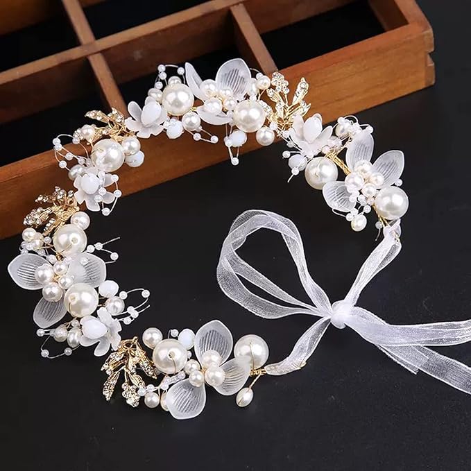 Wedding Hair Accessories for Kids, Flower Girl Accessory, Princess Headpiece White Headband Pearl and Girls Cute Bridal Band, Women's Fashion Headbands, Flower Pearl Gold