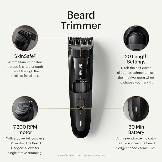 MANSCAPED® The Beard Hedger® Men's Premium Beard Trimmer, 20 Length Adjustable Blade Wheel, Stainless Steel T-Blade for Precision Facial Hair Trimming, Cordless Waterproof Wet/Dry Clipper