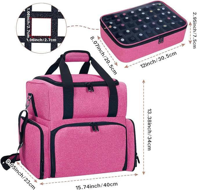 Nail Polish Organizer Case Holds 80 Bottles (15ml - 0.5 fl.oz) and a Nail Lamp,Nail Polish Case with 2 Removable Bags and Tools Storage Sections Rose Red