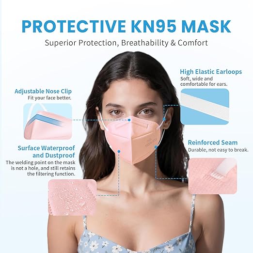 akgk KN95 Face Mask 50 PCS, Breathable Protection Masks, 5-Ply KN95 Pink Masks, Cup Dust Safety Masks
