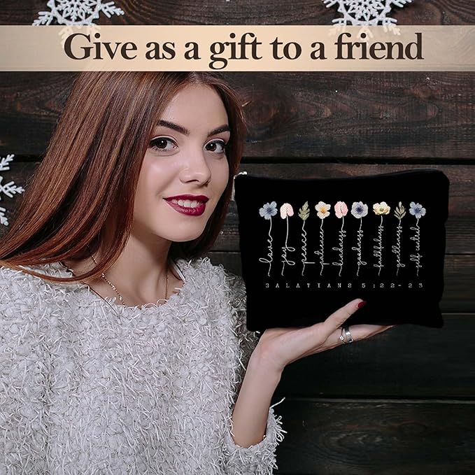 Christian Gifts Makeup Bag, Floral Christian Cosmetic Bags for Women, Galatians 5:22-23 Bible Verse Makeup Pouch, Faith Based Gifts Zipper Pouch(black)