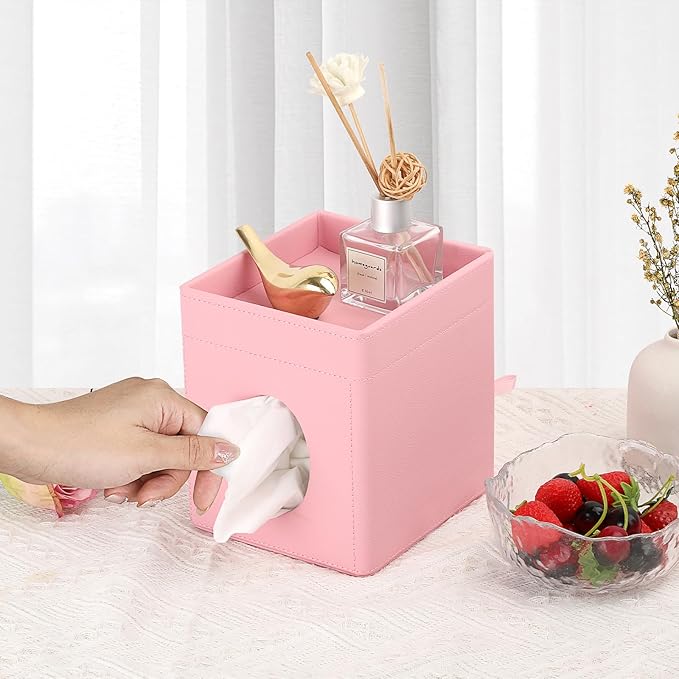 Sumnacon Square Tissue Box Cover with Storage Tray, Decorative Cube Tissue Holder PU Leather Facial Tissues Organizer Stylish Modern Tissue Dispenser for Bathroom Toilet Tank Vanity Dresser Table