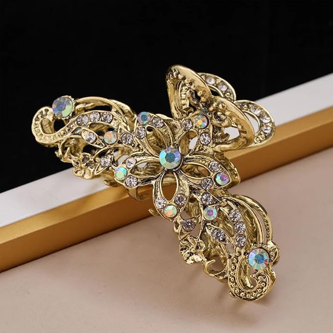 Fancy Hair Claw Jaw Clips Pins For Womens, Vintage Rhinestone Crystal Flowers Hair Barrette for Thick Hair Accessories White Silver