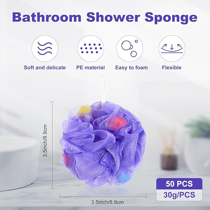 CHENGU 50 Pack Loofah Sponge Bath Sponge Shower Loofah Mesh Shower Ball Bath Pouf Wash Body Puff for Women Men, 30 g (Multicolor,Stylish)