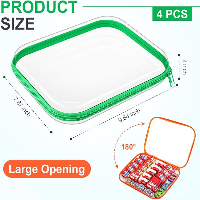 Hoolerry 4 Pcs Hard Clear Zipper Case Makeup Bags Plastic Zipper Pouch Transparent Storage Box Containers for Cosmetics, Snacks, Building Blocks, Puzzles(Clear,9.8 x 7.9 x 2 in,Fluorescent)