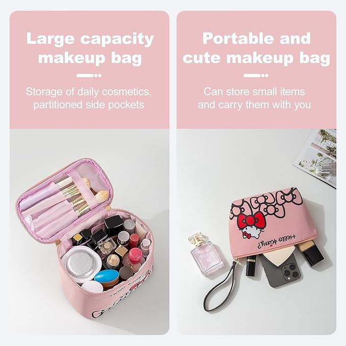 Vimanllie Travel Makeup Bag Large Cosmetic Bags with Brush Holder,Pink Waterproof 2PCS Portable Cosmetic Case for Women,Toiletry Bag for Skincare&Beauty Tools for Her