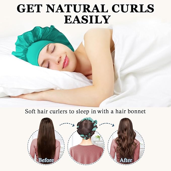No Heat Overnight Curl Headband, 70" Soft Ribbon Wrap for Long Hair, 9 PCS Hair Curling Rods Set - Blue Green