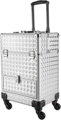 Rolling Makeup Manicure Storage Case, Makeup Trolley Rolling w/4 Universal Wheels Professional Aluminum Cosmetic Trolley Cases w/lock for Studio or Travelling (Silver)