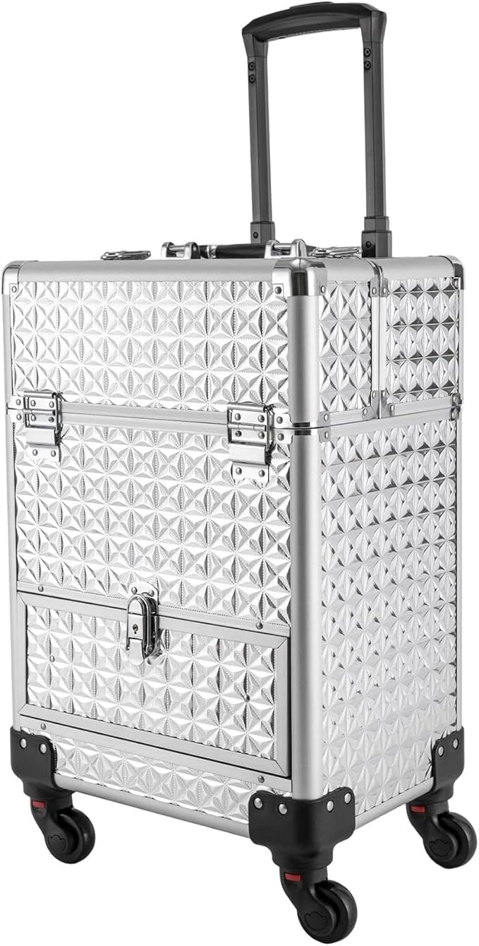 Rolling Makeup Manicure Storage Case, Makeup Trolley Rolling w/4 Universal Wheels Professional Aluminum Cosmetic Trolley Cases w/lock for Studio or Travelling (Silver)