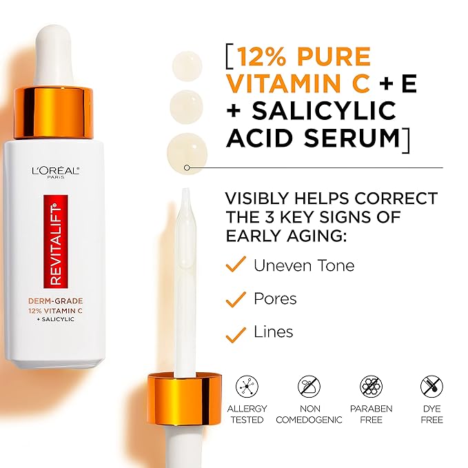L'Oreal Paris Revitalift 12% Pure Vitamin C Serum, Brightening Serum For Face with Vitamin E, Salicylic Acid, 1 oz + Moisturizer Sample