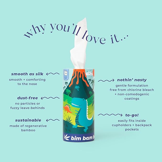 Bim Bam Boo 100% Bamboo Facial Tissue Tubes, 3-ply Hypoallergenic Travel Tissues in Car Tissue Holder, 8 Eco-Friendly Cylinder Tissue Tubes