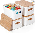 Citylife Storage Bins with Bamboo Lids 6QT Plastic Storage Containers Stackable Organizer Boxes with Handle for Desk Snacks, Toys, 4 PCS, 10" L x 7" W x 6.18" H