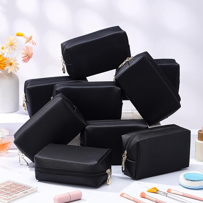 Kigeli 15 Pcs Aesthetic Makeup Bags PU Leather Cosmetic Pouches Waterproof Plain Toiletry Bags Makeup Pouches Bulk for Women Party Gift Travel Storage Organizer(Black)
