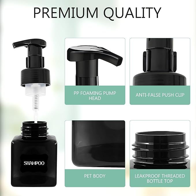 8.5 oz Foaming Soap Dispenser Plastic Foaming Pump Bottle, Refillable Dispenser with Plastic Pump, Empty Hand Bottles for Liquid Soap, Shampoo, Bathroom,Hotel,Restaurant (15, Black)
