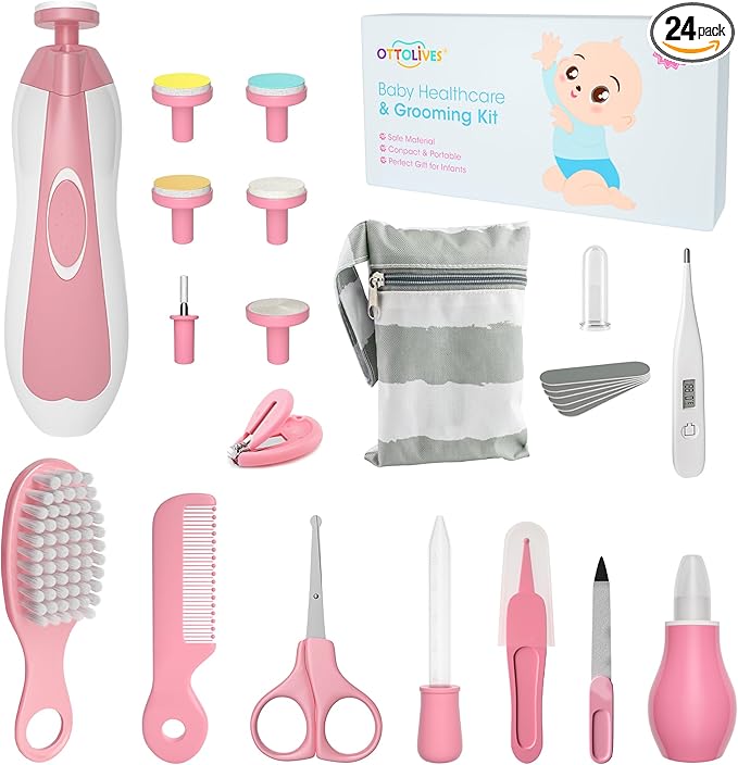OTTOLIVES Baby Healthcare and Grooming Kit, 24 in 1 Baby Electric Nail Trimmer Set Newborn Nursery Health Care Set for Newborn Infant Toddlers Baby Boys Girls Kids Haircut Tools (0-3 Years+) (Pink)