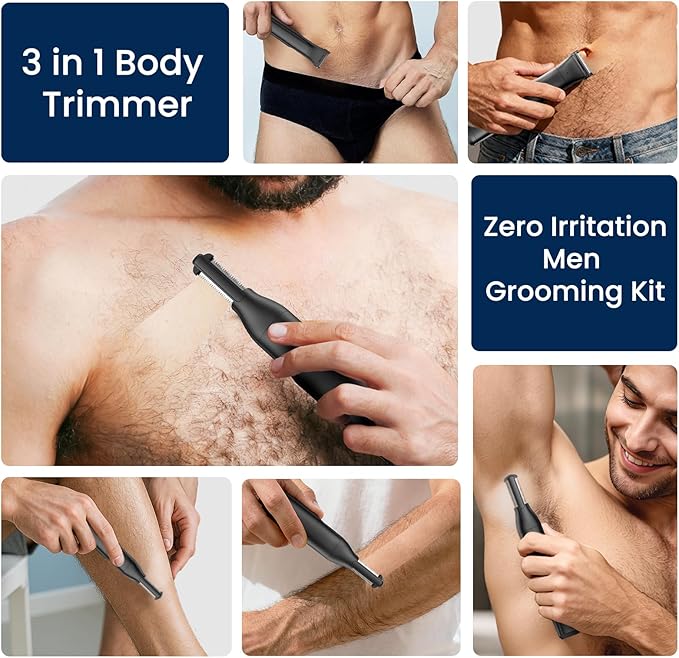 Body Hair Trimmer for Men 3-in-1 Groin, Pubic & Ball Trimmer with Skin Safe No-Nick Blades, IPX6 Waterproof Wet/Dry Electric Shaver for Chest, Underarms, Legs, USB-C Rechargeable Groomer Kit