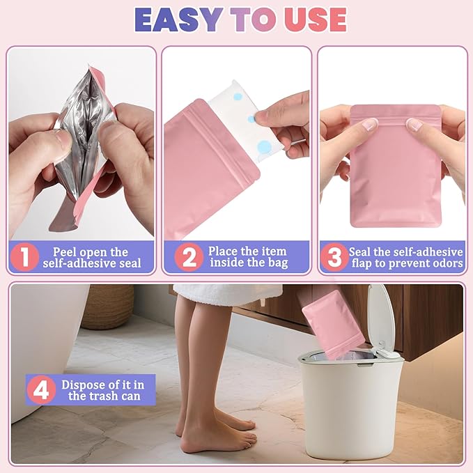 Disposable Sanitary Hygiene Disposal Bags for Bag Period Tampon Napkin Trash, 100pcs, Discreet Privacy Cover, Stylish Look, Self-Adhesive Seal,Portable for Purse, Bathroom, School, Travel(Pink)