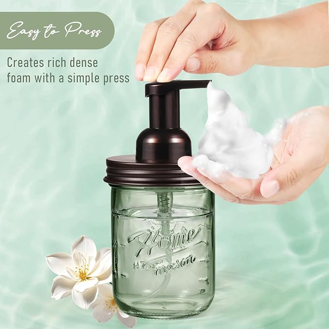 SheeChung Mason Jar Foaming Soap Dispenser, Stainless Steel Lid, BPA Free Pump, Green Glass Foam Hand Soap Dispenser, 16Oz Refillable Liquid Foam Dispenser Bottle, Bathroom Kitchen, Dish Soap-Bronze