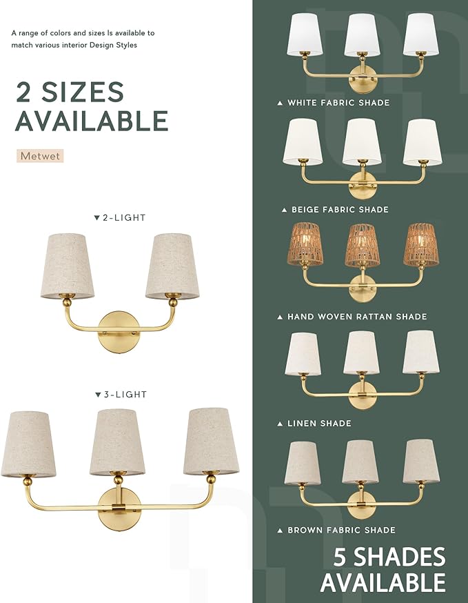 3-Light Bathroom Light Fixtures, Brushed Gold Vanity Lights with Brown Fabric Shade, Modern Sconces Wall Lighting for Hallway Bedroom, Upward Lighting, VL837-BG-L-3