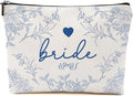 Bride Makeup Bag,Blue Floral Canvas Cosmetic Pouch, Bridal Shower Gift, Bride Gifts for Bridal Shower Wedding Engagement Gifts, Cosmetic Bags Makeup Pouch with Zipper for Wedding Day Essential