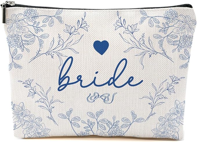 Bride Makeup Bag,Blue Floral Canvas Cosmetic Pouch, Bridal Shower Gift, Bride Gifts for Bridal Shower Wedding Engagement Gifts, Cosmetic Bags Makeup Pouch with Zipper for Wedding Day Essential