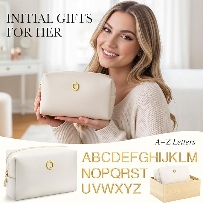 Kigeli Initial Makeup Bag for Women Beige Leather Easter Basket Gifts Monogram Cosmetic Bag Small Travel Toiletry Pouch Wedding Birthday Graduation Bridesmaid Gifts for Teen Girls Women Teachers(O)