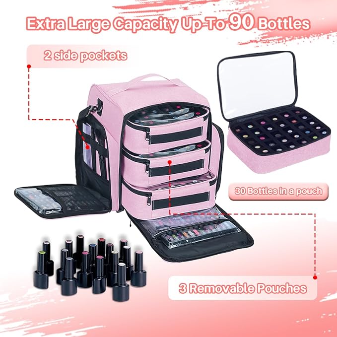 Nail Polish Organizer Storage Box, Holds 90 Bottles of Nail Polish, Portable Travel Case with 3 Separate Storage Bags, Can Be Used for Nail Art Supplies, Manicurists, etc Pink