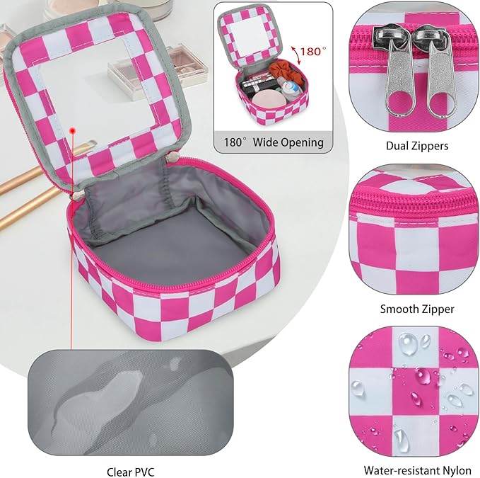 DOB SECHS Mini Checkered Bag for Purse 5.1'' x 5.1'' Small Makeup Bag for Car Cute Clear Cosmetic Bags with Zipper, Tiny Toiletry Bag Lipstick Organizer Pouch Travel Essentials Storage Pouch, Hot Pink