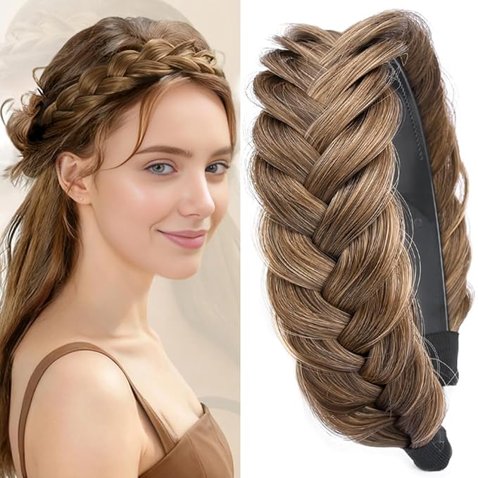 DIGUAN Wide Messy Braided Headband With Teeth Synthetic Hair Plaited Headband High Elasticity Braids Chunky Fishtail Braided Hair Band Hairpiece for Girls Women (Claybank)