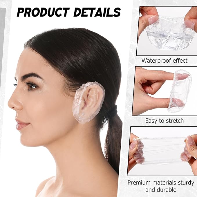 Outus 200 Pack Clear Disposable Ear Covers Plastic Waterproof Ear Protectors for Shower, Hair Dye, Bathing