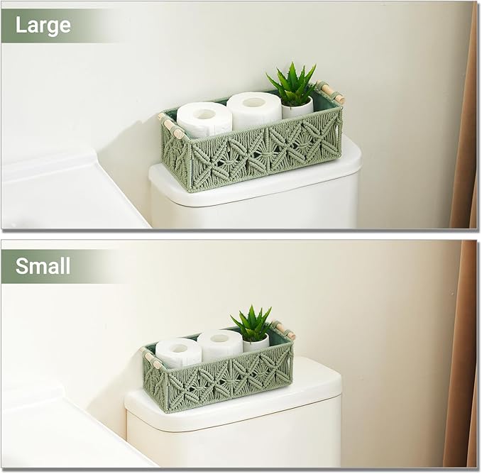 Nonam Macrame Storage Baskets, Boho Decor Style Woven Storage Boxes for Home Organization, Toilet Tank Shelf Cabinet Organizer Baskets,Set of 2,Green