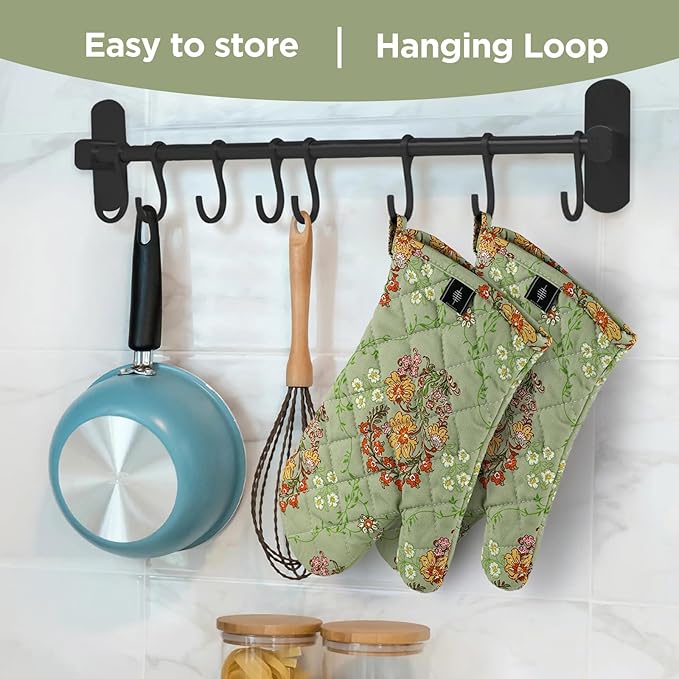 Oven Gloves Extra Long Cotton Cooking Gloves with Non-Slip Striped Baking Gloves for Cooking Baking Grilling - 2PCS