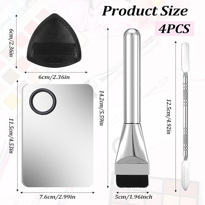 4 Pcs Makeup Foundation Mixing Palette Set Including Make Up Spatula, Makeup Brush, Palette Tray, Powder Puff, Foundation Makeup Mixing Palette, Makeup Palette Tray (Stainless Steel)