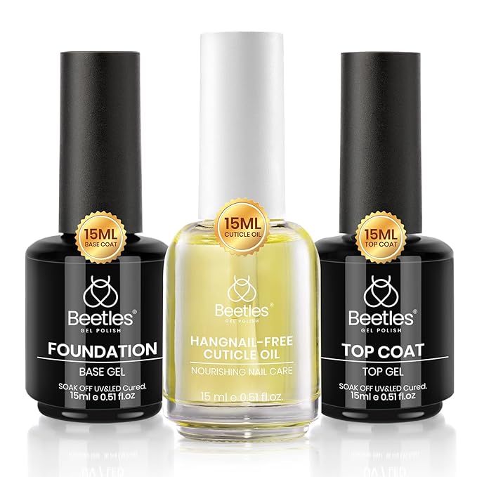 Beetles Gel Base and Top Coat & Cuticle Oil Set, 3Pcs 15ml Cuticle Protectors Kit No Wipe Glossy Shine Long Lasting Oil Care for Dry Damaged Cuticles Gifts for Women
