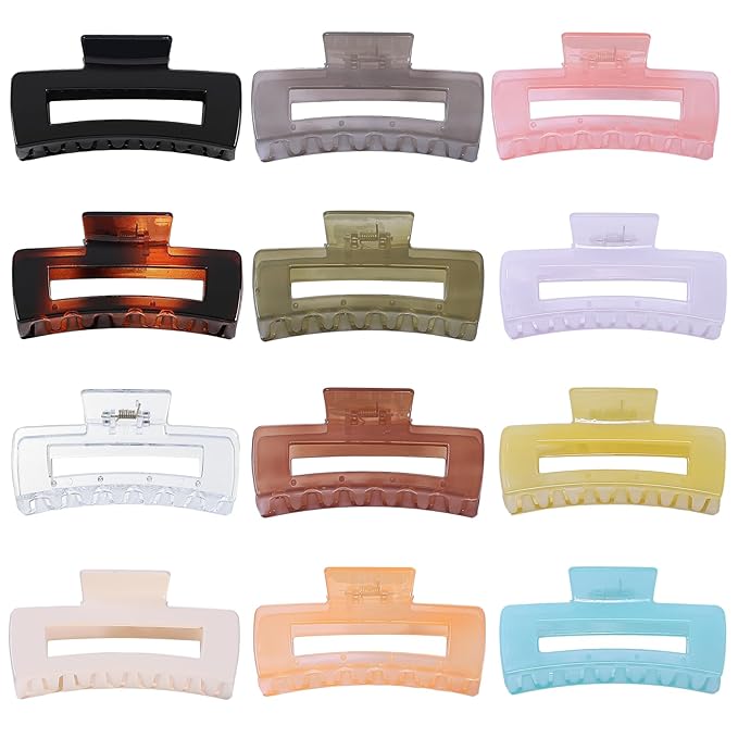 12 Pack Large Square Hair Claw Clips for Women and Girls, 4.1 x 2.1 x 1.2 inch, 12 Rubber Paint and Plastic Materials, Non-Slip Jumbo Jaw Design - Jelly