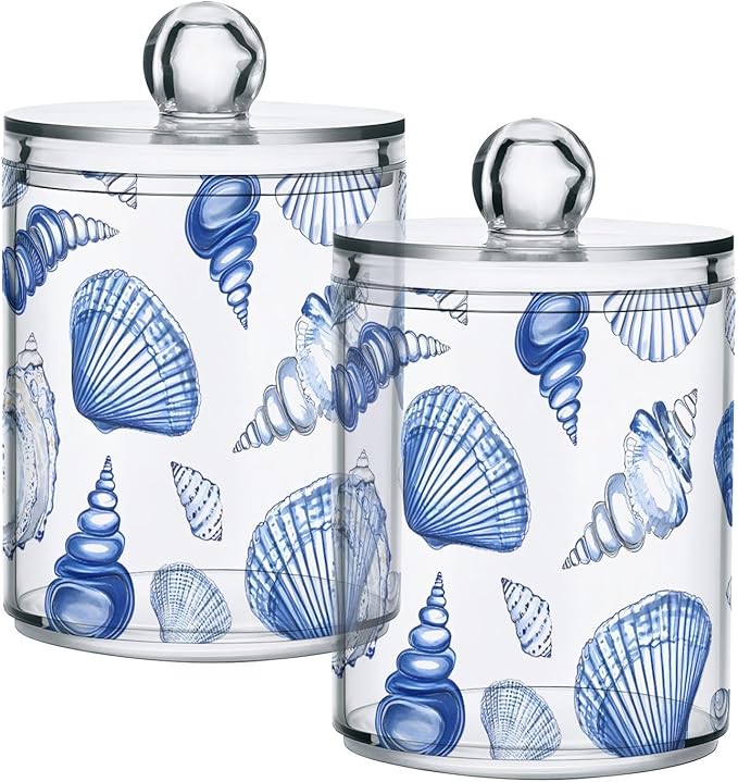 4 Pack Qtip Holder Dispenser Blue Seashells Ocean Nautical Coastal Cotton Ball Swab Round Pads Floss Clear Bathroom Storage Containers Plastic Apothecary Jars with Lids