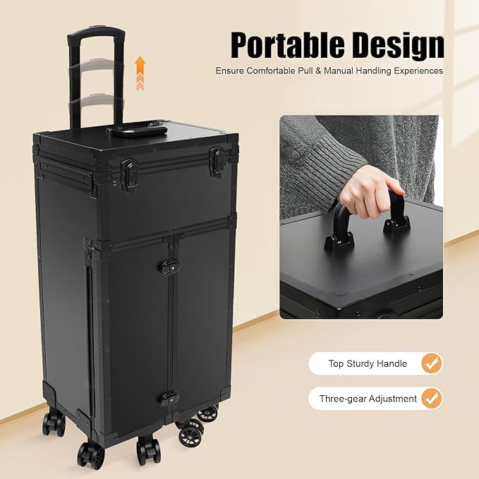 44.09lbs Lockable Makeup Train Case,Rolling Hairdressing Trolley,Beauty Salon Cosmetic Luggage with Universal Wheels for Hair Stylist,Make-up Artists (Black 8)