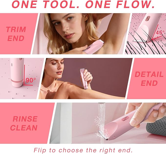 Bikini Trimmer Electric Razors for Women, Personal Shaver for Pubic Hair, Bikini Line, Legs, Underarms & Face, USB-C Rechargeable, Gentle on Sensitive Skin, Rinsable, Gift, Petal Pink