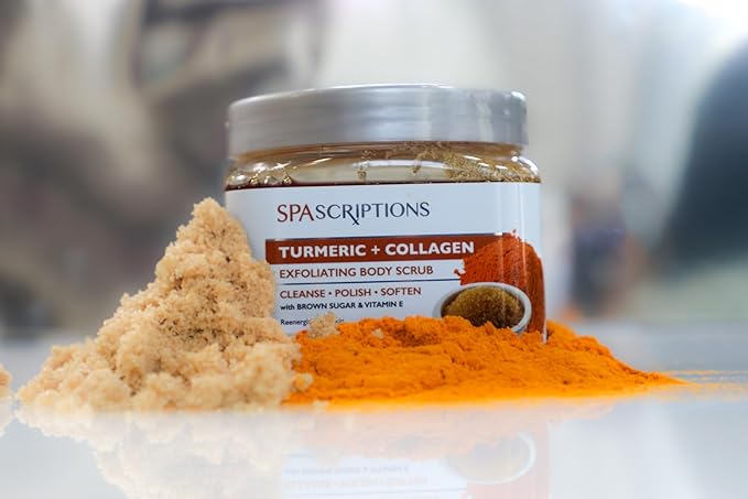 SpaScriptions Turmeric & Collagen Sugar Scrub - Brightening Body Scrub Exfoliator with Brown Sugar & Vitamin E, Ideal for for Dull & Uneven Skin Tone, Helps Support Glowing, Smooth & Firm Skin, 21 oz