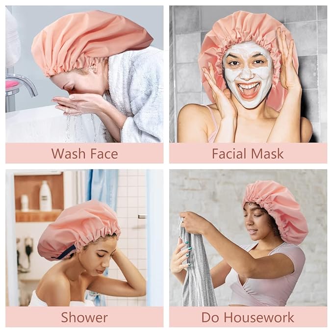 Aquior Shower Cap,Extra Adjustable Shower Caps for Women Double-Layer Waterproof Reusable Hair Cap, Large Hair Cap for All Hair,for Girls Spa Bath,Soft Large for Women Long Hair(Champagne)