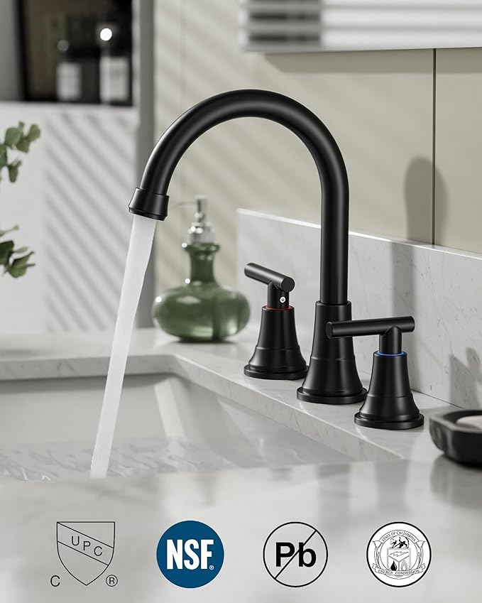 FORIOUS Black Bathroom Faucet 3 Hole Vanity, 2 Handle 360° Swivel Matte Black 8 Inch Widespread Bathroom Sink Faucet 3 Holes, with 360 Degree Rotating Spout, Pop-up Drain, Supply Lines