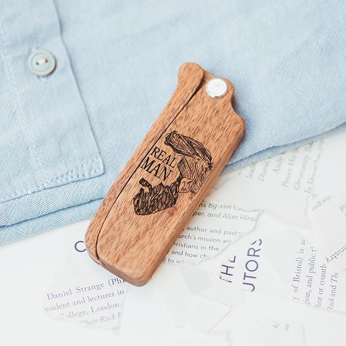 Beard Comb for Men Pocket Folding Combs for Mustache & Hair Travel Natural Wooden Comb with Real Man Engraving - Perfect for Use w/Beard Balm Oil (Wavy Half Skull) (Model RM)
