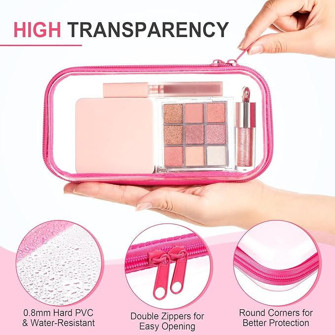Hoolerry 4 Pcs Hard Clear Zipper Case Makeup Bags Plastic Zipper Pouch Transparent Storage Box Containers for Cosmetics, Snacks, Building Blocks, Puzzles(Clear,7.5 x 3.9 x 2 in,Fluorescent)