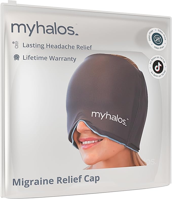 MyHalos® Migraine Relief Cap,30% Thicker,2X More Cooling Gel -Stays Colder for Longer, Ice Hat, Ice Pack Head Wrap, Cold Headaches & Migraine Mask - Tension Headache Relief Cap (Gray) FSA|HSA Eligible