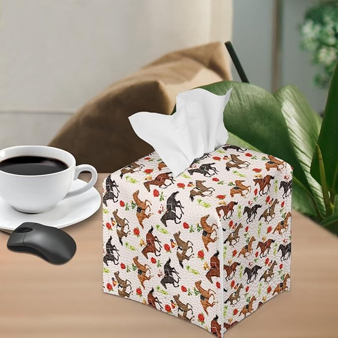 Racing Horse Flower Portable Tissue Box Holder, Lightweight PU Leather Square Tissue Cover with Metal Button, Easy Refill Waterproof Napkin Dispenser for Travel, Car, Office, and Bedroom