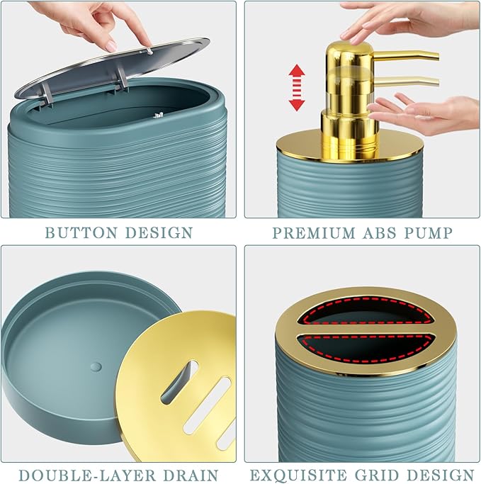 Bathroom Set, 10PC Bathroom Accessory Set, Light Blue Bathroom Accessories, Blue and Gold Bathroom Set with Trash Can, Soap Dispensers