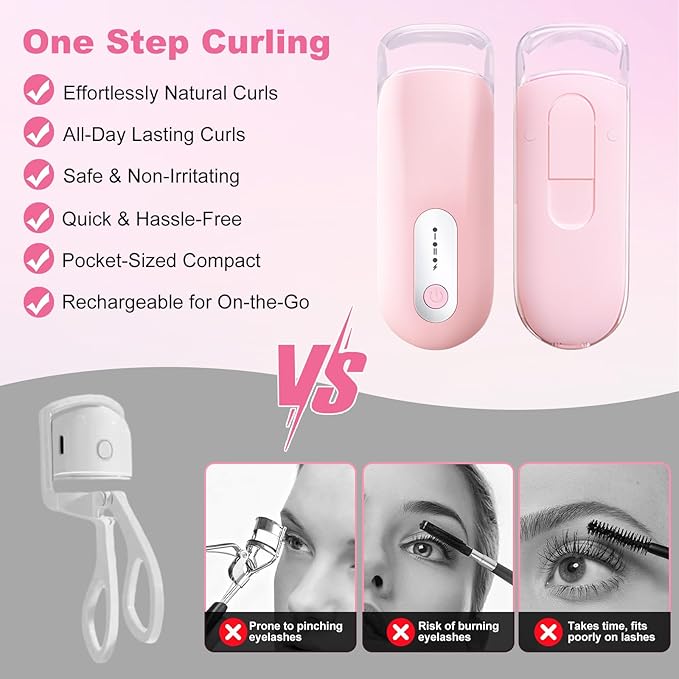 Visible Heated Eyelash Curler, Rechargeable Electric Eyelash Curlers 10S Fast Heat, Safe Anti-Burn Mini Heat Eye Lash Curler 24Hrs Long Lasting Natural C Curl Lashes (Pink)