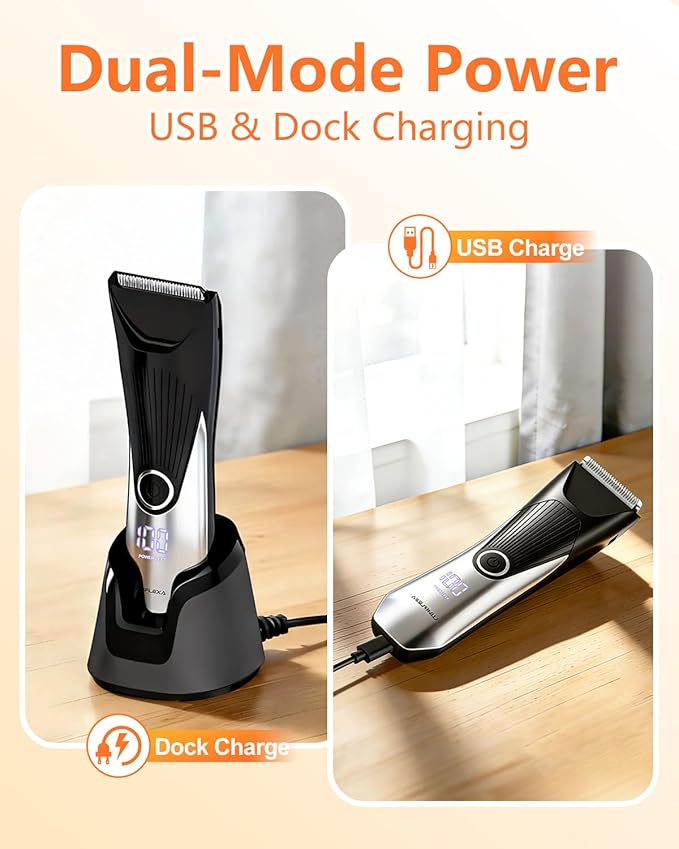 Body Hair Trimmer, LED Display, 6500 RPM Motor Manscaper for Men, 3 Adjustable Combs, USB & Dock Charging, IPX7 Waterproof Body Hair Groomers, Wet or Dry Use for Groin/Legs/Chest